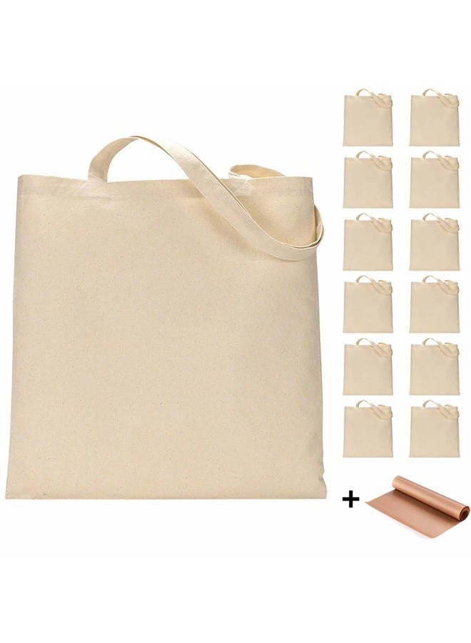 FunisFun 12 Pack Blank Canvas Tote Bags Bulk Shopping Bag for Crafts with 1 Piece of PTFE Teflon Sheet DIY Reusable Grocery Bag, 15 X 16 Inch, Off-white, Large - Image 1